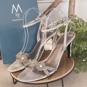 M by Marinelli Women's Silver Satin Beaded Strappy Heels - Size: 8